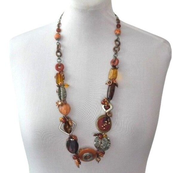 Chicos Necklace Mixed Media Beads Multicolor 40 in Brown Copper Silver Orange - Picture 1 of 12